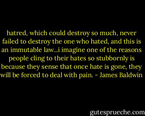 hatred, which could destroy so much, never failed to destroy the one who hated, and this is an immutable law...i imagine one of the reasons people cling to their hates so stubbornly is because they sense that once hate is gone, they will be forced to deal with pain. - James Baldwin