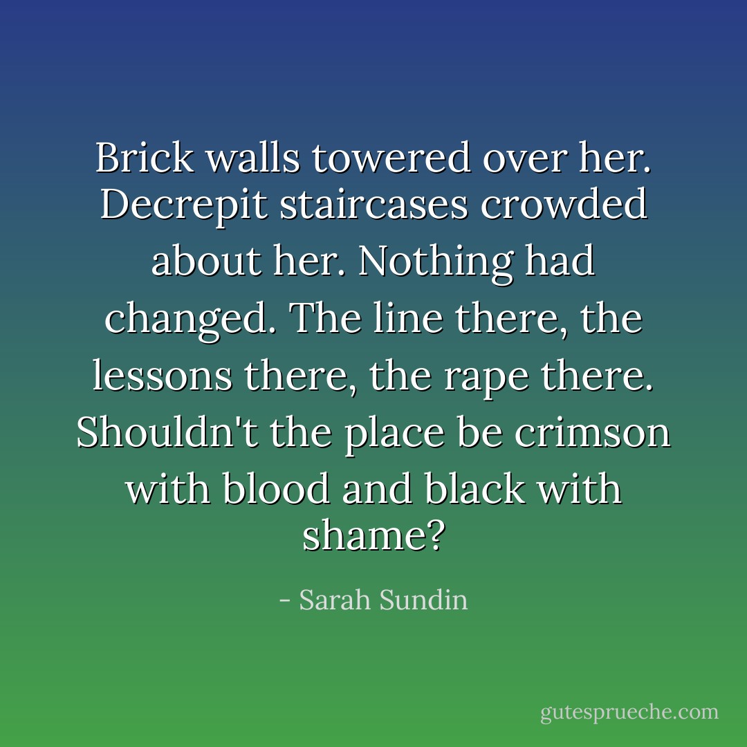 Brick walls towered over her. Decrepit staircases crowded about her. Nothing had changed. The line there, the lessons there, the rape there. Shouldn't the place be crimson with blood and black with shame? - Sarah Sundin