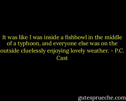 It was like I was inside a fishbowl in the middle of a typhoon, and everyone else was on the outside cluelessly enjoying lovely weather. - P.C. Cast