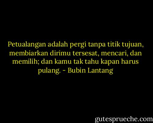 Petualangan adalah pergi tanpa titik tujuan, membiarkan dirimu tersesat, mencari, dan memilih; dan kamu tak tahu kapan harus pulang. - Bubin Lantang