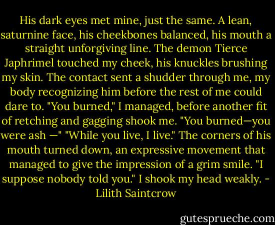His dark eyes met mine, just the same. A lean, saturnine face, his cheekbones balanced, his mouth a straight unforgiving line. The demon Tierce Japhrimel touched my cheek, his knuckles brushing my skin. The contact sent a shudder through me, my body recognizing him before the rest of me could dare to. "You burned," I managed, before another fit of retching and gagging shook me. "You burned—you were<br />ash —"<br />"While you live, I live." The corners of his mouth turned down, an expressive movement that managed to give the impression of a grim smile. "I suppose nobody told you." I shook my head weakly. - Lilith Saintcrow