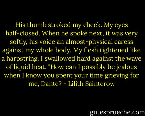 His thumb stroked my cheek. My eyes half-closed. When he spoke next, it was very softly, his voice an almost-physical caress against my whole body. My flesh tightened like a harpstring. I swallowed hard against the wave of liquid heat. "How can I possibly be jealous when I know you spent your time grieving for me, Dante? - Lilith Saintcrow