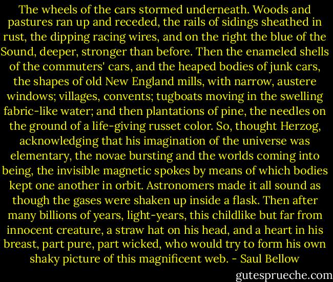 The wheels of the cars stormed underneath. Woods and pastures ran up and receded, the rails of sidings sheathed in rust, the dipping racing wires, and on the right the blue of the Sound, deeper, stronger than before. Then the enameled shells of the commuters' cars, and the heaped bodies of junk cars, the shapes of old New England mills, with narrow, austere windows; villages, convents; tugboats moving in the swelling fabric-like water; and then plantations of pine, the needles on the ground of a life-giving russet color. So, thought Herzog, acknowledging that his imagination of the universe was elementary, the novae bursting and the worlds coming into being, the invisible magnetic spokes by means of which bodies kept one another in orbit. Astronomers made it all sound as though the gases were shaken up inside a flask. Then after many billions of years, light-years, this childlike but far from innocent creature, a straw hat on his head, and a heart in his breast, part pure, part wicked, who would try to form his own shaky picture of this magnificent web. - Saul Bellow