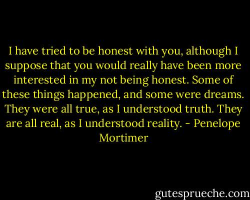 I have tried to be honest with you, although I suppose that you would really have been more interested in my not being honest. Some of these things happened, and some were dreams. They were all true, as I understood truth. They are all real, as I understood reality. - Penelope Mortimer