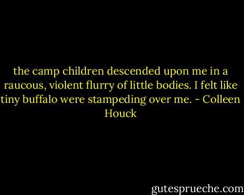 the camp children descended upon me in a raucous, violent flurry of little bodies. I felt like tiny buffalo were stampeding over me. - Colleen Houck