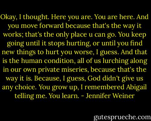 Okay, I thought. Here you are. You are here. And you move forward because<br />that's the way it works; that's the only place u can go. You keep going<br />until it stops hurting, or until you find new things to hurt you worse, I<br />guess. And that is the human condition, all of us lurching along in our own private miseries, because that's the way it is. Because, I guess, God didn't give us any choice. You grow up, I remembered Abigail telling me. You learn. - Jennifer Weiner