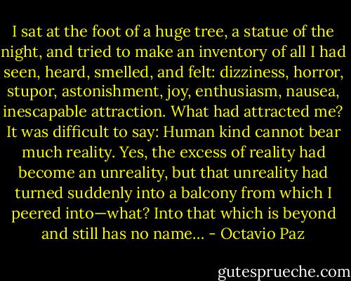 I sat at the foot of a huge tree, a statue of the night, and tried to make an inventory of all I had seen, heard, smelled, and felt: dizziness, horror, stupor, astonishment, joy, enthusiasm, nausea, inescapable attraction. What had attracted me? It was difficult to say: Human kind cannot bear much reality. Yes, the excess of reality had become an unreality, but that unreality had turned suddenly into a balcony from which I peered into—what? Into that which is beyond and still has no name… - Octavio Paz