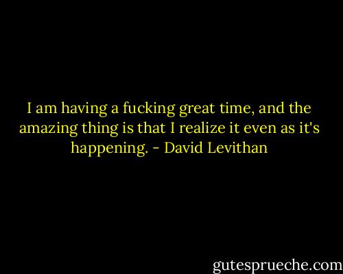 I am having a fucking great time, and the amazing thing is that I realize it even as it's happening. - David Levithan