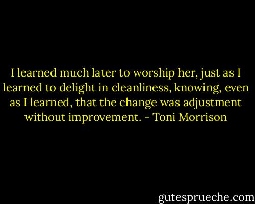 I learned much later to worship her, just as I learned to delight in cleanliness, knowing, even as I learned, that the change was adjustment without improvement. - Toni Morrison