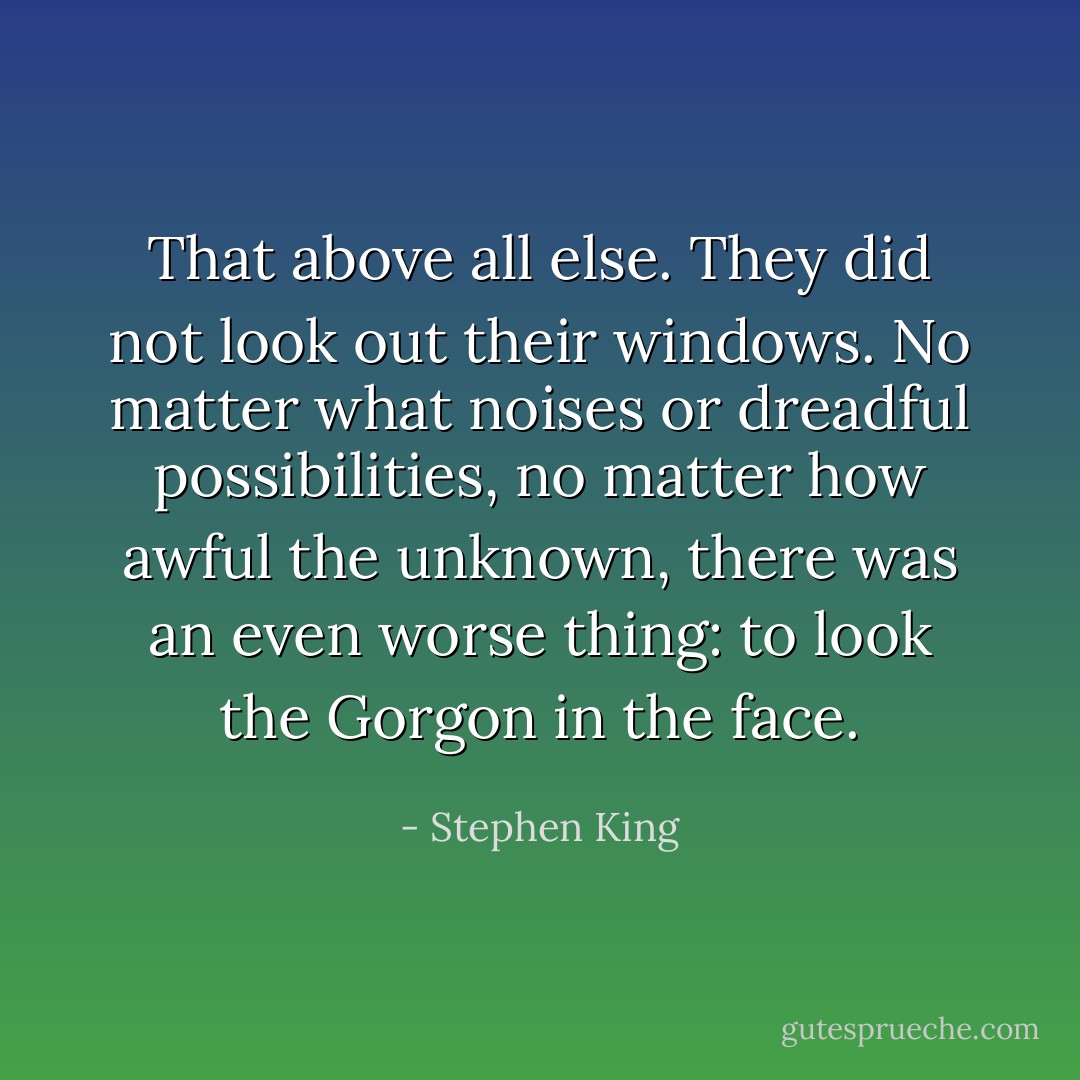 That above all else. They did not look out their windows. No matter what noises or dreadful possibilities, no matter how awful the unknown, there was an even worse thing: to look the Gorgon in the face. - Stephen King