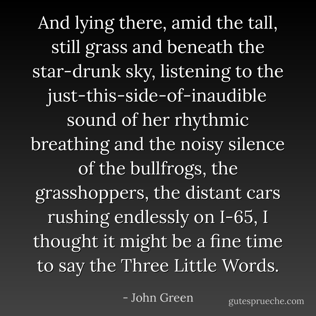 And lying there, amid the tall, still grass and beneath the star-drunk sky, listening to the just-this-side-of-inaudible sound of her rhythmic breathing and the noisy silence of the bullfrogs, the grasshoppers, the distant cars rushing endlessly on I-65, I thought it might be a fine time to say the Three Little Words. - John Green