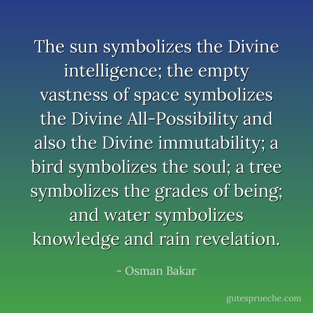 The sun symbolizes the Divine intelligence; the empty vastness of space symbolizes the Divine All-Possibility and also the Divine immutability; a bird symbolizes the soul; a tree symbolizes the grades of being; and water symbolizes knowledge and rain revelation. - Osman Bakar