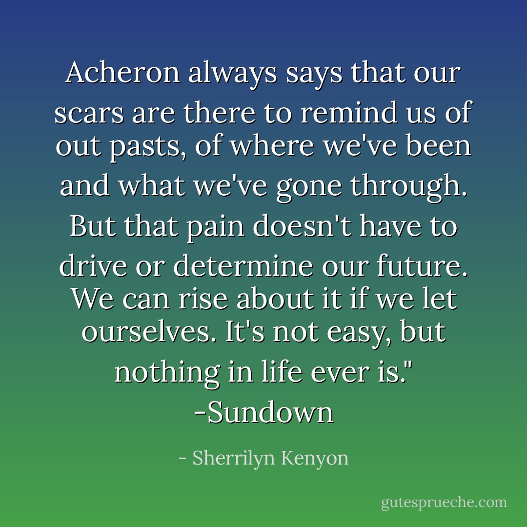 Acheron always says that our scars are there to remind us of out pasts, of where we've been and what we've gone through. But that pain doesn't have to drive or determine our future. We can rise about it if we let ourselves. It's not easy, but nothing in life ever is." -Sundown - Sherrilyn Kenyon