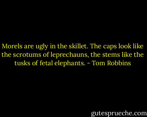 Morels are ugly in the skillet. The caps look like the scrotums of leprechauns, the stems like the tusks of fetal elephants. - Tom Robbins