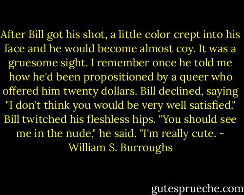 After Bill got his shot, a little color crept into his face and he would become almost coy. It was a gruesome sight. I remember once he told me how he'd been propositioned by a queer who offered him twenty dollars. Bill declined, saying "I don't think you would be very well satisfied." Bill twitched his fleshless hips. "You should see me in the nude," he said. "I'm really cute. - William S. Burroughs