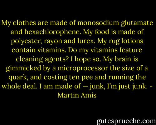 My clothes are made of monosodium glutamate and hexachlorophene. My food is made of polyester, rayon and lurex. My rug lotions contain vitamins. Do my vitamins feature cleaning agents? I hope so. My brain is gimmicked by a microprocessor the size of a quark, and costing ten pee and running the whole deal. I am made of — junk, I’m just junk. - Martin Amis