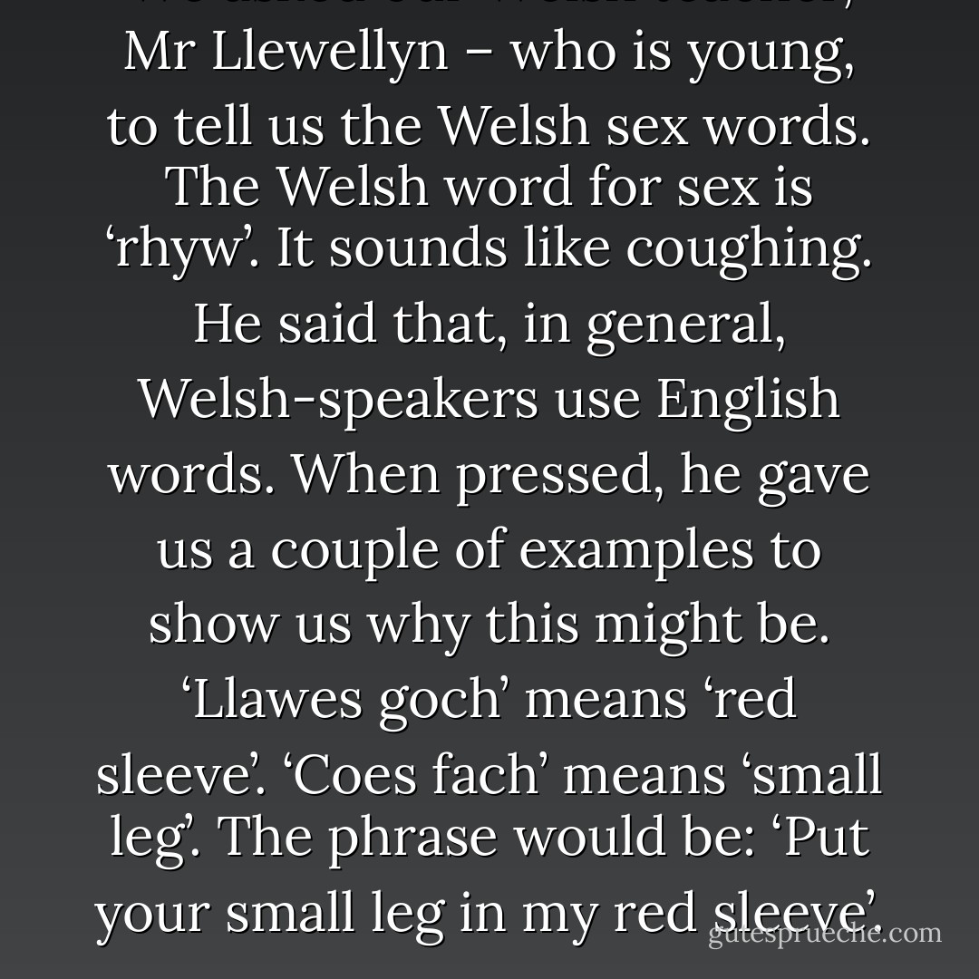 We asked our Welsh teacher, Mr Llewellyn – who is young, to tell us the Welsh sex words. The Welsh word for sex is ‘rhyw’. It sounds like coughing. He said that, in general, Welsh-speakers use English words. When pressed, he gave us a couple of examples to show us why this might be. ‘Llawes goch’ means ‘red sleeve’. ‘Coes fach’ means ‘small leg’. The phrase would be: ‘Put your small leg in my red sleeve’. - Joe Dunthorne