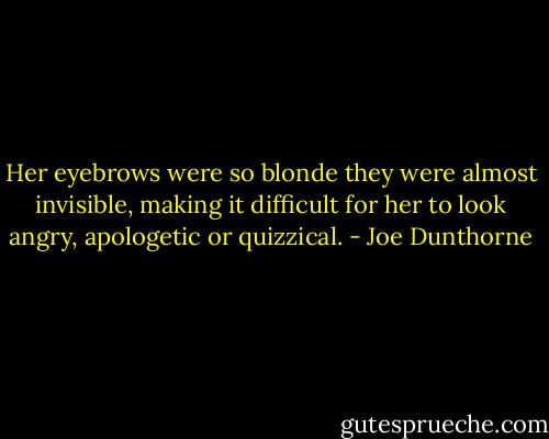 Her eyebrows were so blonde they were almost invisible, making it difficult for her to look angry, apologetic or quizzical. - Joe Dunthorne