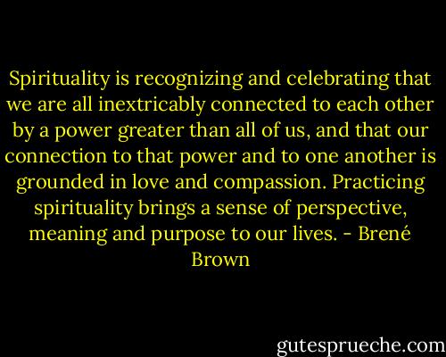 Spirituality is recognizing and celebrating that we are all inextricably connected to each other by a power greater than all of us, and that our connection to that power and to one another is grounded in love and compassion. Practicing spirituality brings a sense of perspective, meaning and purpose to our lives. - Brené Brown
