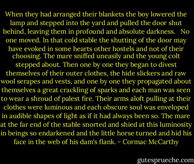 When they had arranged their blankets the boy lowered the lamp and stepped into the yard and pulled the door shut behind, leaving them in profound and absolute darkness.<br /><br /> No one moved. In that cold stable the shutting of the door may have evoked in some hearts other hostels and not of their choosing. The mare sniffed uneasily and the young colt stepped about. Then one by one they began to divest themselves of their outer clothes, the hide slickers and raw wool serapes and vests, and one by one they propagated about themselves a great crackling of sparks and each man was seen to wear a shroud of palest fire. Their arms aloft pulling at their clothes were luminous and each obscure soul was enveloped in audible shapes of light as if it had always been so. The mare at the far end of the stable snorted and shied at this luminosity in beings so endarkened and the little horse turned and hid his face in the web of his dam's flank. - Cormac McCarthy