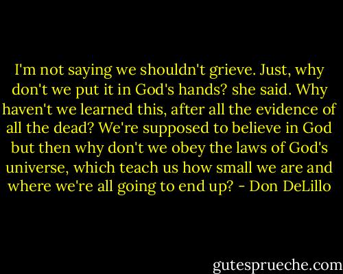 I'm not saying we shouldn't grieve. Just, why don't we put it in God's hands? she said. Why haven't we learned this, after all the evidence of all the dead? We're supposed to believe in God but then why don't we obey the laws of God's universe, which teach us how small we are and where we're all going to end up? - Don DeLillo