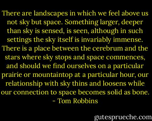 There are landscapes in which we feel above us not sky but space. Something larger, deeper than sky is sensed, is seen, although in such settings the sky itself is invariably immense. There is a place between the cerebrum and the stars where sky stops and space commences, and should we find ourselves on a particular prairie or mountaintop at a particular hour, our relationship with sky thins and loosens while our connection to space becomes solid as bone. - Tom Robbins