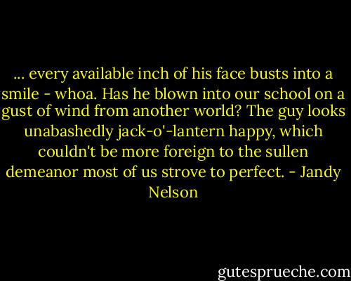 ... every available inch of his face busts into a smile - whoa. Has he blown into our school on a gust of wind from another world? The guy looks unabashedly jack-o'-lantern happy, which couldn't be more foreign to the sullen demeanor most of us strove to perfect. - Jandy Nelson
