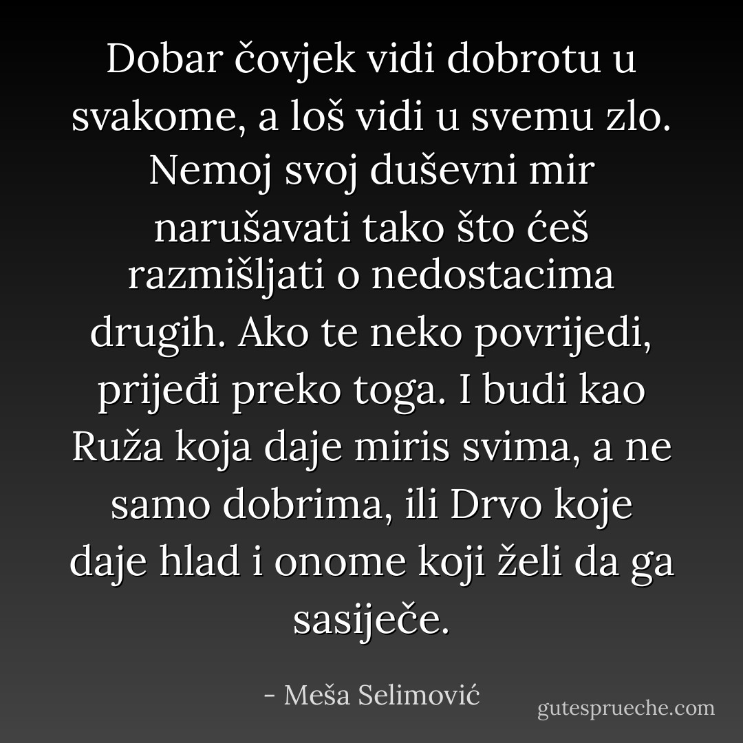 Dobar čovjek vidi dobrotu u svakome, a loš vidi u svemu zlo. Nemoj svoj duševni mir narušavati tako što ćeš razmišljati o nedostacima drugih. Ako te neko povrijedi, prijeđi preko toga. I budi kao Ruža koja daje miris svima, a ne samo dobrima, ili Drvo koje daje hlad i onome koji želi da ga sasiječe. - Meša Selimović