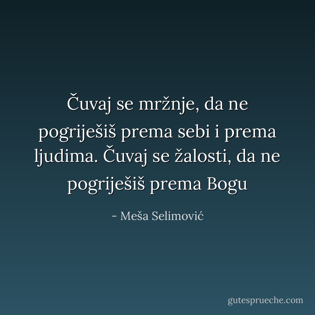 Čuvaj se mržnje, da ne pogriješiš prema sebi i prema ljudima. Čuvaj se žalosti, da ne pogriješiš prema Bogu - Meša Selimović