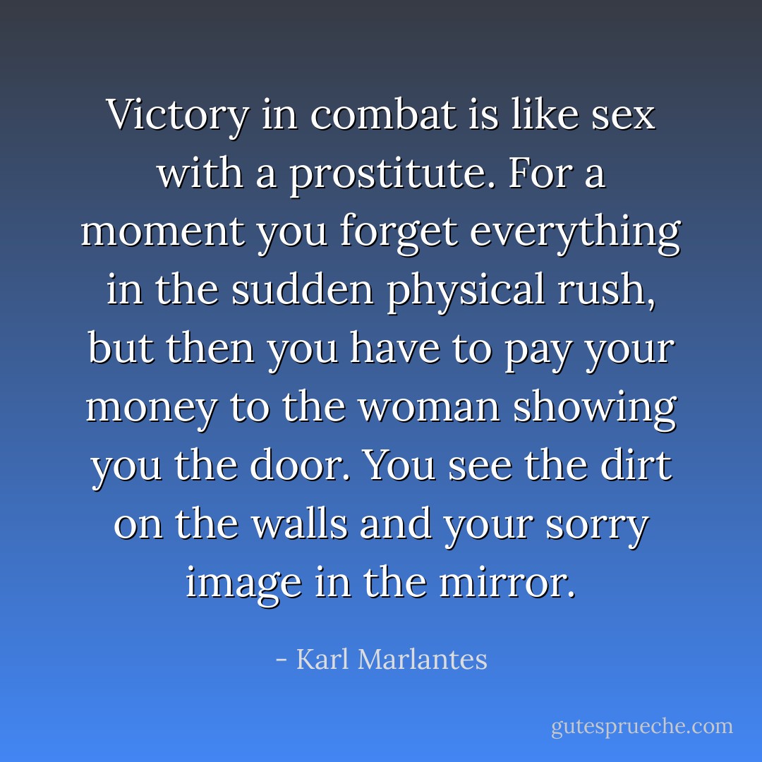 Victory in combat is like sex with a prostitute. For a moment you forget everything in the sudden physical rush, but then you have to pay your money to the woman showing you the door. You see the dirt on the walls and your sorry image in the mirror. - Karl Marlantes