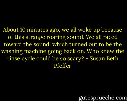 About 10 minutes ago, we all woke up because of this strange roaring sound. We all raced toward the sound, which turned out to be the washing machine going back on.<br />Who knew the rinse cycle could be so scary? - Susan Beth Pfeffer