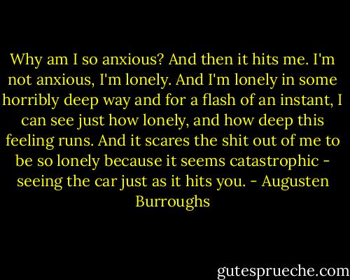 Why am I so anxious? And then it hits me. I'm not anxious, I'm lonely. And I'm lonely in some horribly deep way and for a flash of an instant, I can see just how lonely, and how deep this feeling runs. And it scares the shit out of me to be so lonely because it seems catastrophic - seeing the car just as it hits you. - Augusten Burroughs