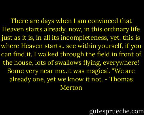 There are days when I am convinced that Heaven starts already, now, in this ordinary life just as it is, in all its incompleteness, yet, this is where Heaven starts.. see within yourself, if you can find it. I walked through the field in front of the house, lots of swallows flying, everywhere! Some very near me..it was magical. "We are already one, yet we know it not. - Thomas Merton