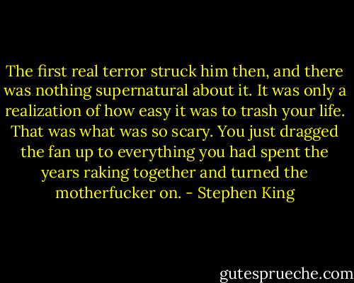The first real terror struck him then, and there was nothing supernatural about it. It was only a realization of how easy it was to trash your life. That was what was so scary. You just dragged the fan up to everything you had spent the years raking together and turned the motherfucker on. - Stephen King