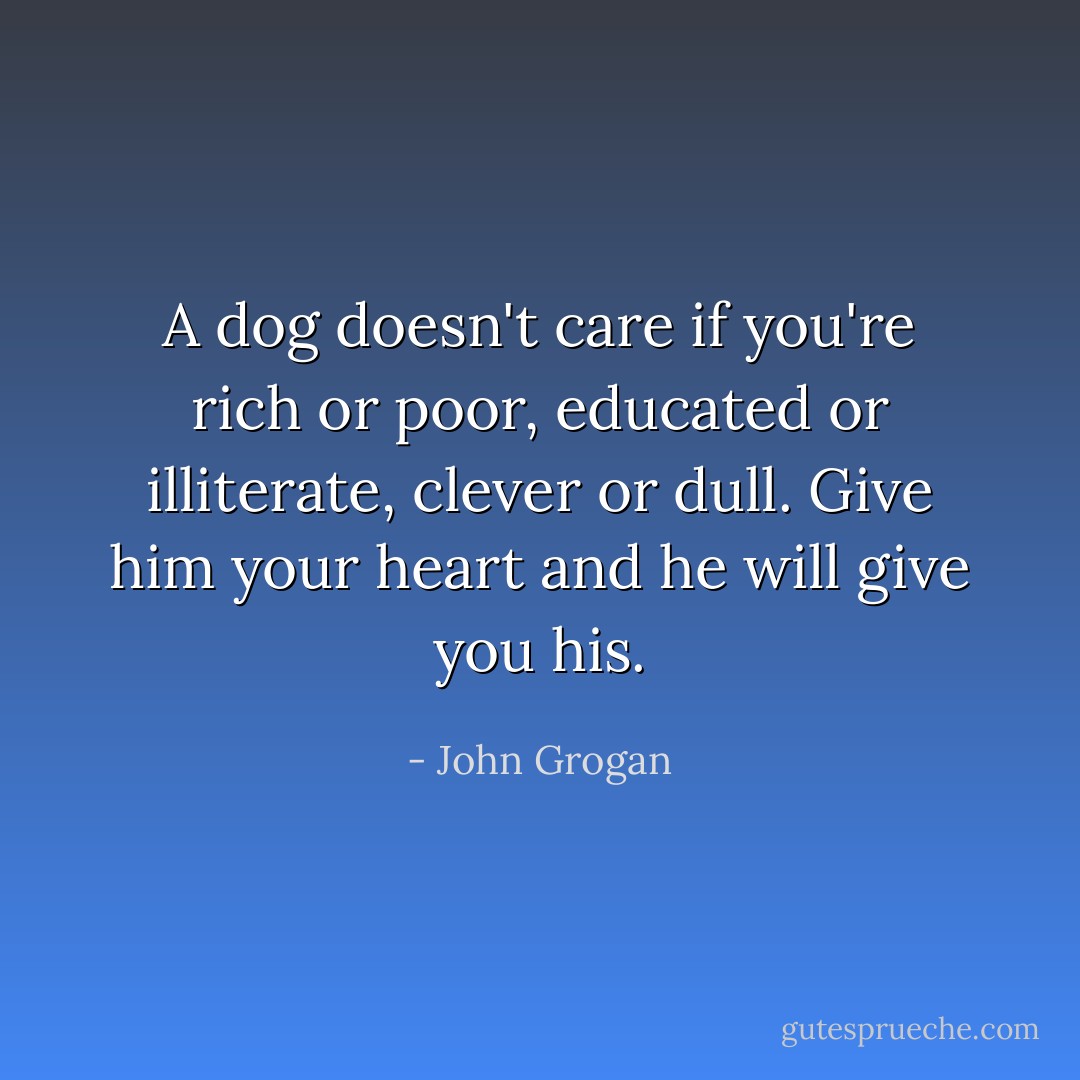 A dog doesn't care if you're rich or poor, educated or illiterate, clever or dull. Give him your heart and he will give you his. - John Grogan
