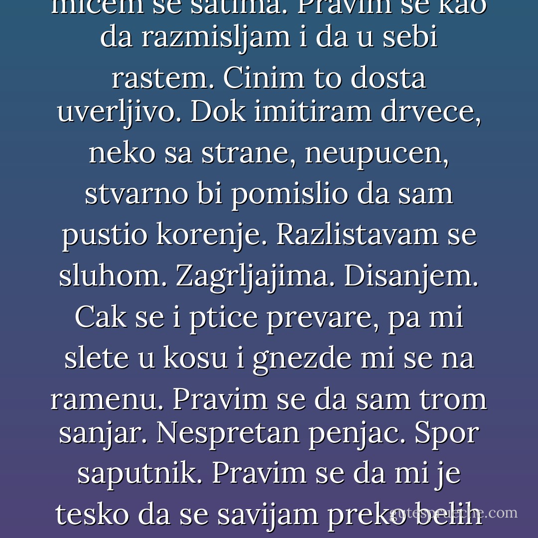 Ponekad mi se ucini da mi beze pod nogama putevi i daljine. I kadgod mi se dogodi da dospem u daleko, i stanem nasred njega i mislim: konacno, evo me; ako podignem oci, vidim da svako najdalje ima svoje jos dalje. Mozda je to i sreca. Mozda imam u sebi nesto duze od krajeva. Mozda imam u sebi toliko mnogo sveta, da se nikada, nigde, nec...e moci zavrsiti. Nije rec o zivotu, nego o njegovom dejstvu. Jer neke stvari se ne mogu saznati samo ocima. Postoje u meni mnoga, neverovatna cula. Cula vode i vazduha, metala, ikre, semenja,... Oni koji me srecu, misle da ja to putujem. A ne putujem ja. To beskraj po meni hoda. Od koje sam ja vrste? Znam jednu novu igru. Zaustavim se naprasno i ne micem se satima. Pravim se kao da razmisljam i da u sebi rastem. Cinim to dosta uverljivo. Dok imitiram drvece, neko sa strane, neupucen, stvarno bi pomislio da sam pustio korenje. Razlistavam se sluhom. Zagrljajima. Disanjem. Cak se i ptice prevare, pa mi slete u kosu i gnezde mi se na ramenu. Pravim se da sam trom sanjar. Nespretan penjac. Spor saputnik. Pravim se da mi je tesko da se savijam preko belih ostrica realnog. Pravim se da mi nedostaje hitrina iznenadnog skracivanja u tacku i produzetka u nedogled... Ja ne upoznajem svet, vec ga samo prepoznajem. Ne idem da ga otkrivam, nego da ga se prisetim, kao nekakve svoje daleke uspomene. Jer mnogo puta sam bio gde nisam jos koracao. I mnogo puta sam ziveo u onom sto jos ne poznajem. I mnogo puta sam grlio to sto ce tek biti oblici. Zato izgledam izgubljen i neprestano se osvrcem. A u sebi se smeskam. Jer, ako niste znali, svet je cudesna igracka. Moze li se izgubiti neko u nekakvom vremenu i nekakvom prostoru, ako u sebi nosi sva vremena i prostore?... Smeta mi krov da sanjam. Smeta mi nebo da verujem... - Miroslav Antić