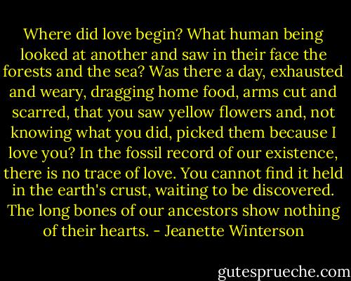 Where did love begin? What human being looked at another and saw in their face the forests and the sea? Was there a day, exhausted and weary, dragging home food, arms cut and scarred, that you saw yellow flowers and, not knowing what you did, picked them because I love you? In the fossil record of our existence, there is no trace of love. You cannot find it held in the earth's crust, waiting to be discovered. The long bones of our ancestors show nothing of their hearts. - Jeanette Winterson