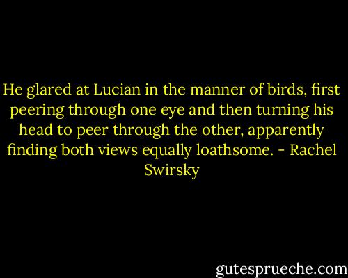 He glared at Lucian in the manner of birds, first peering through one eye and then turning his head to peer through the other, apparently finding both views equally loathsome. - Rachel Swirsky