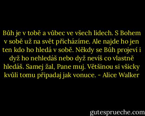 Bůh je v tobě a vůbec ve všech lidech. S Bohem v sobě už na svět přicházíme. Ale najde ho jen ten kdo ho hledá v sobě. Někdy se Bůh projeví i dyž ho nehledáš nebo dyž nevíš co vlastně hledáš. Samej žal, Pane muj. Většinou si všicky kvůli tomu připadaj jak vonuce. - Alice Walker