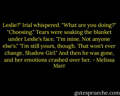 Leslie?" Irial whispered. "What are you doing?"<br />"Choosing."<br />Tears were soaking the blanket under Leslie's face.<br />"I'm mine. Not anyone else's."<br />"I'm still yours, though. That won't ever change, Shadow Girl." And then he was gone, and her emotions crashed over her. - Melissa Marr