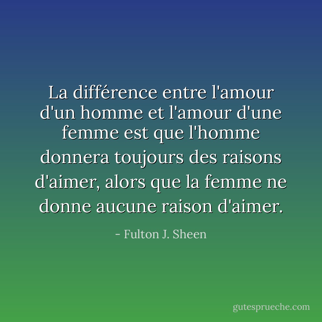 La différence entre l'amour d'un homme et l'amour d'une femme est que l'homme donnera toujours des raisons d'aimer, alors que la femme ne donne aucune raison d'aimer. - Fulton J. Sheen