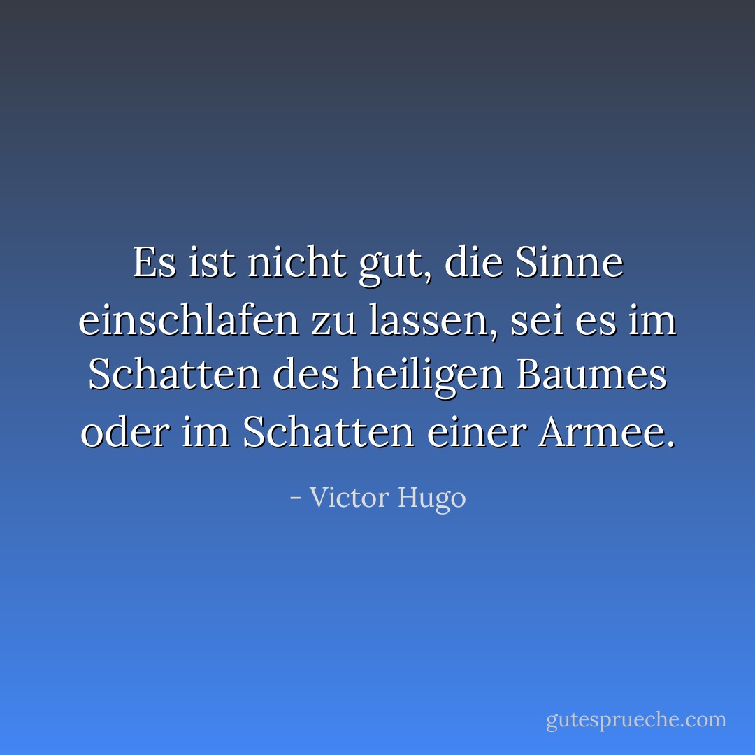 Es ist nicht gut, die Sinne einschlafen zu lassen, sei es im Schatten des heiligen Baumes oder im Schatten einer Armee. - Victor Hugo<
