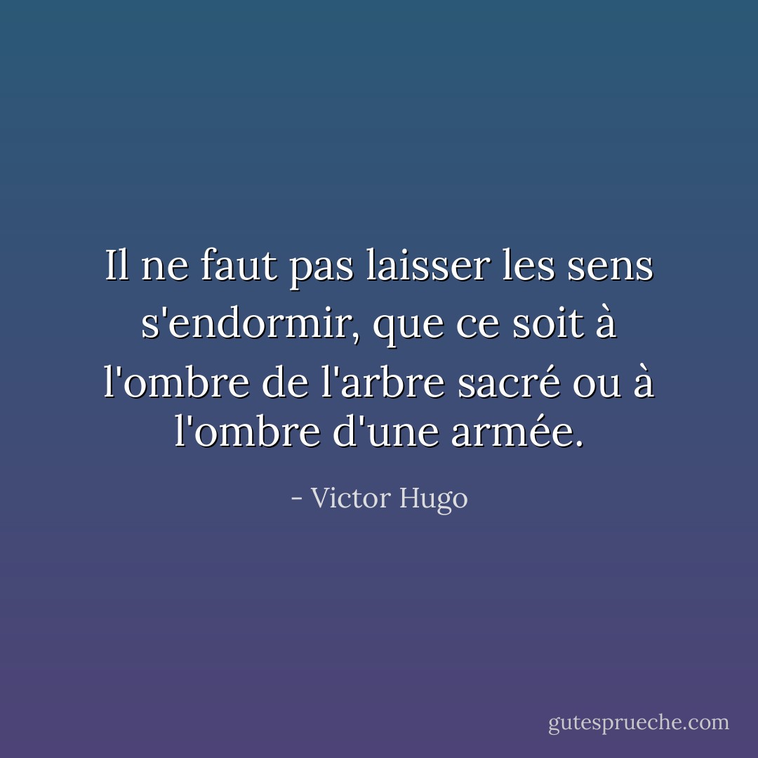 Il ne faut pas laisser les sens s'endormir, que ce soit à l'ombre de l'arbre sacré ou à l'ombre d'une armée. - Victor Hugo
