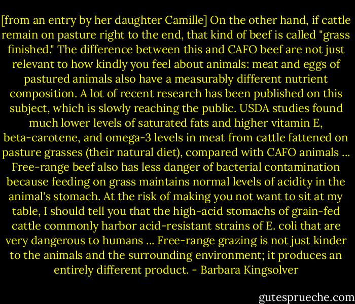 [from an entry by her daughter Camille] On the other hand, if cattle remain on pasture right to the end, that kind of beef is called "grass finished." The difference between this and CAFO beef are not just relevant to how kindly you feel about animals: meat and eggs of pastured animals also have a measurably different nutrient composition. A lot of recent research has been published on this subject, which is slowly reaching the public. USDA studies found much lower levels of saturated fats and higher vitamin E, beta-carotene, and omega-3 levels in meat from cattle fattened on pasture grasses (their natural diet), compared with CAFO animals ... Free-range beef also has less danger of bacterial contamination because feeding on grass maintains normal levels of acidity in the animal's stomach. At the risk of making you not want to sit at my table, I should tell you that the high-acid stomachs of grain-fed cattle commonly harbor acid-resistant strains of E. coli that are very dangerous to humans ... Free-range grazing is not just kinder to the animals and the surrounding environment; it produces an entirely different product. - Barbara Kingsolver