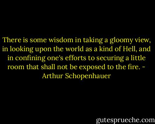 There is some wisdom in taking a gloomy view, in looking upon the world as a kind of Hell, and in confining one's efforts to securing a little room that shall not be exposed to the fire. - Arthur Schopenhauer