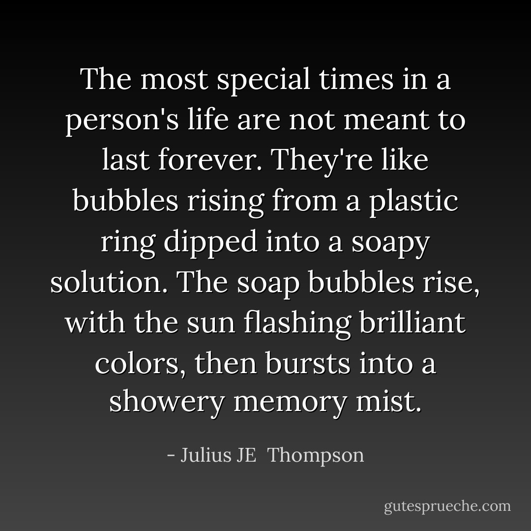 The most special times in a person's life are not meant to last forever. They're like bubbles rising from a plastic ring dipped into a soapy solution. The soap bubbles rise, with the sun flashing brilliant colors, then bursts into a showery memory mist. - Julius JE  Thompson