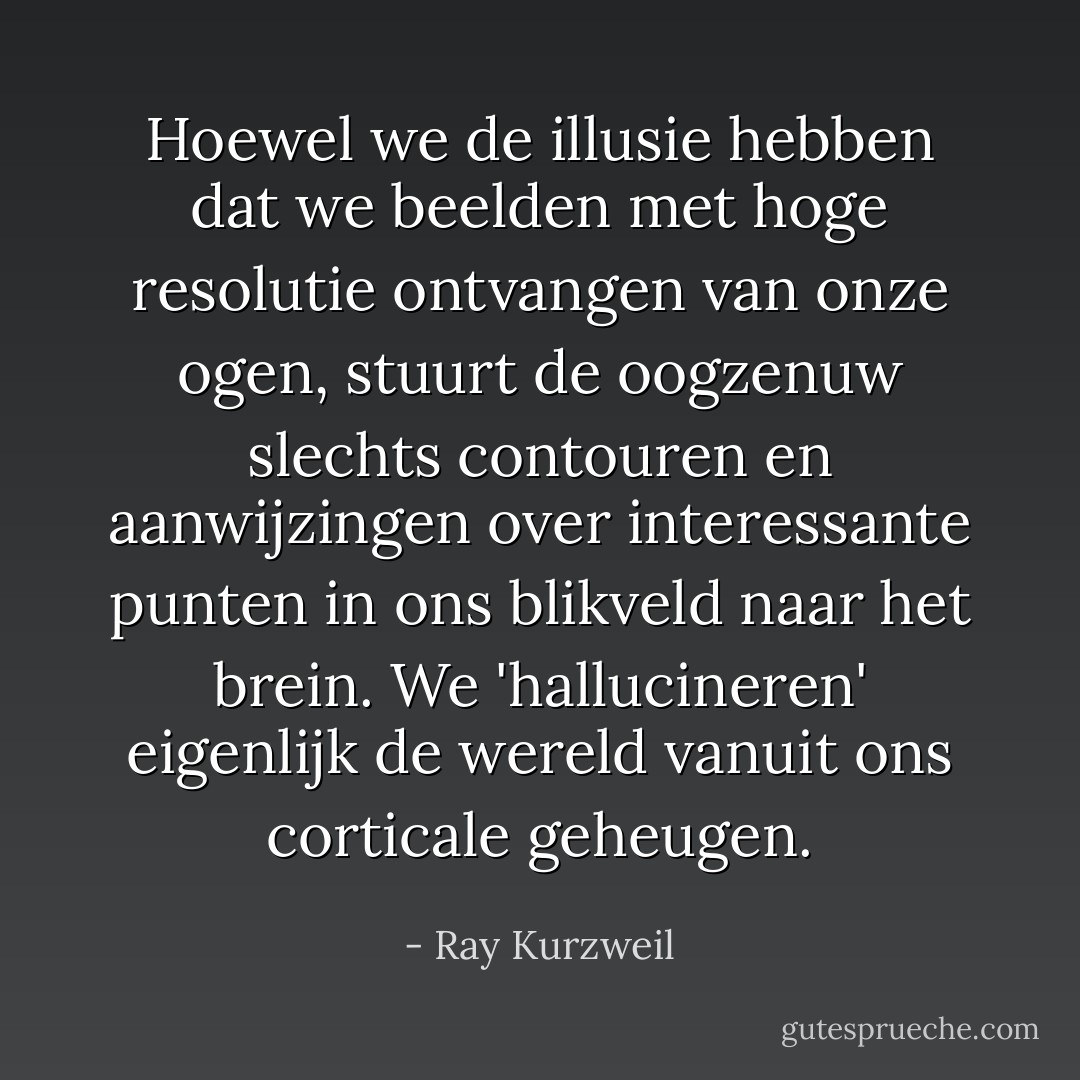 Hoewel we de illusie hebben dat we beelden met hoge resolutie ontvangen van onze ogen, stuurt de oogzenuw slechts contouren en aanwijzingen over interessante punten in ons blikveld naar het brein. We 'hallucineren' eigenlijk de wereld vanuit ons corticale geheugen. - Ray Kurzweil