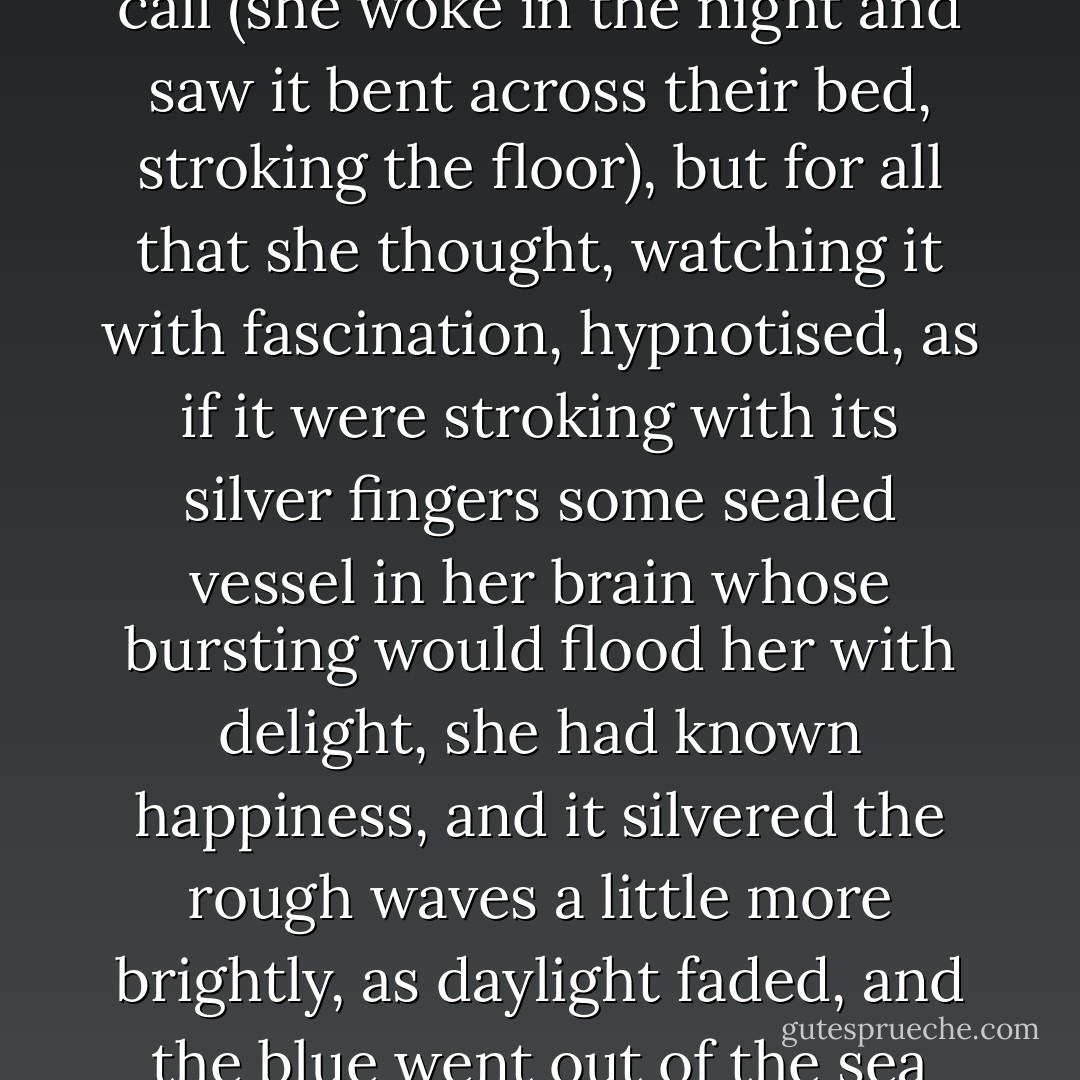 She saw the light again. With some irony in her interrogation, for when one woke at all, one's relations changed, she looked at the steady light, the pitiless, the remorseless, which was so much her, yet so little her, which had her at its beck and call (she woke in the night and saw it bent across their bed, stroking the floor), but for all that she thought, watching it with fascination, hypnotised, as if it were stroking with its silver fingers some sealed vessel in her brain whose bursting would flood her with delight, she had known happiness, and it silvered the rough waves a little more brightly, as daylight faded, and the blue went out of the sea and it rolled in waves of pure lemon which curved and swelled and broke upon the beach and the ecstasy burst in her eyes and waves of pure delight raced over the floor of her mind and she felt, It is enough! It is enough! - Virginia Woolf