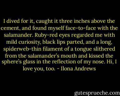 I dived for it, caught it three inches above the cement, and found myself face-to-face with the salamander. Ruby-red eyes regarded me with mild curiosity, black lips parted, and a long, spiderweb-thin filament of a tongue slithered from the salamander’s mouth and kissed the sphere’s glass in the reflection of my nose. Hi, I love you, too. - Ilona Andrews