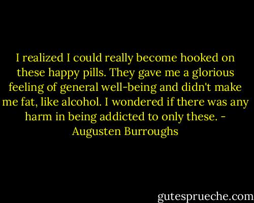I realized I could really become hooked on these happy pills. They gave me a glorious feeling of general well-being and didn't make me fat, like alcohol. I wondered if there was any harm in being addicted to only these. - Augusten Burroughs